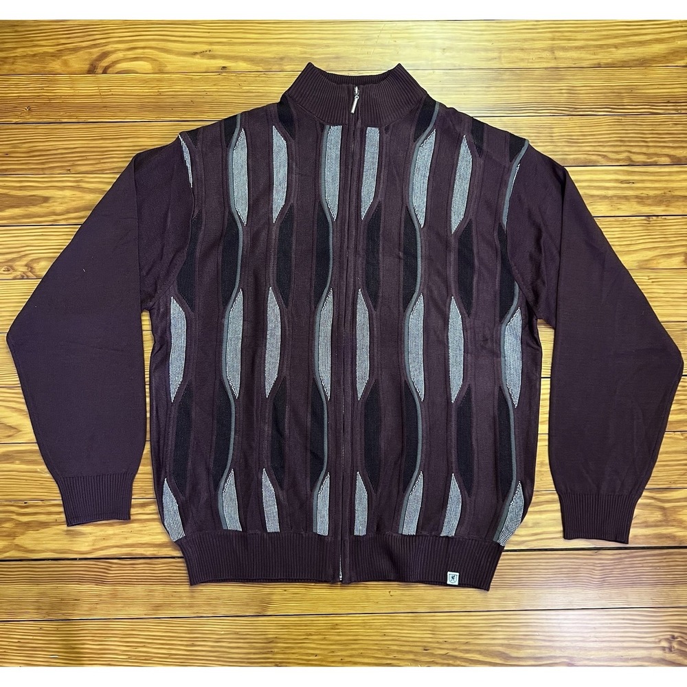 Stacy Adams Mens Knit‎ Full Zip Sweater XL Maroon Geometric